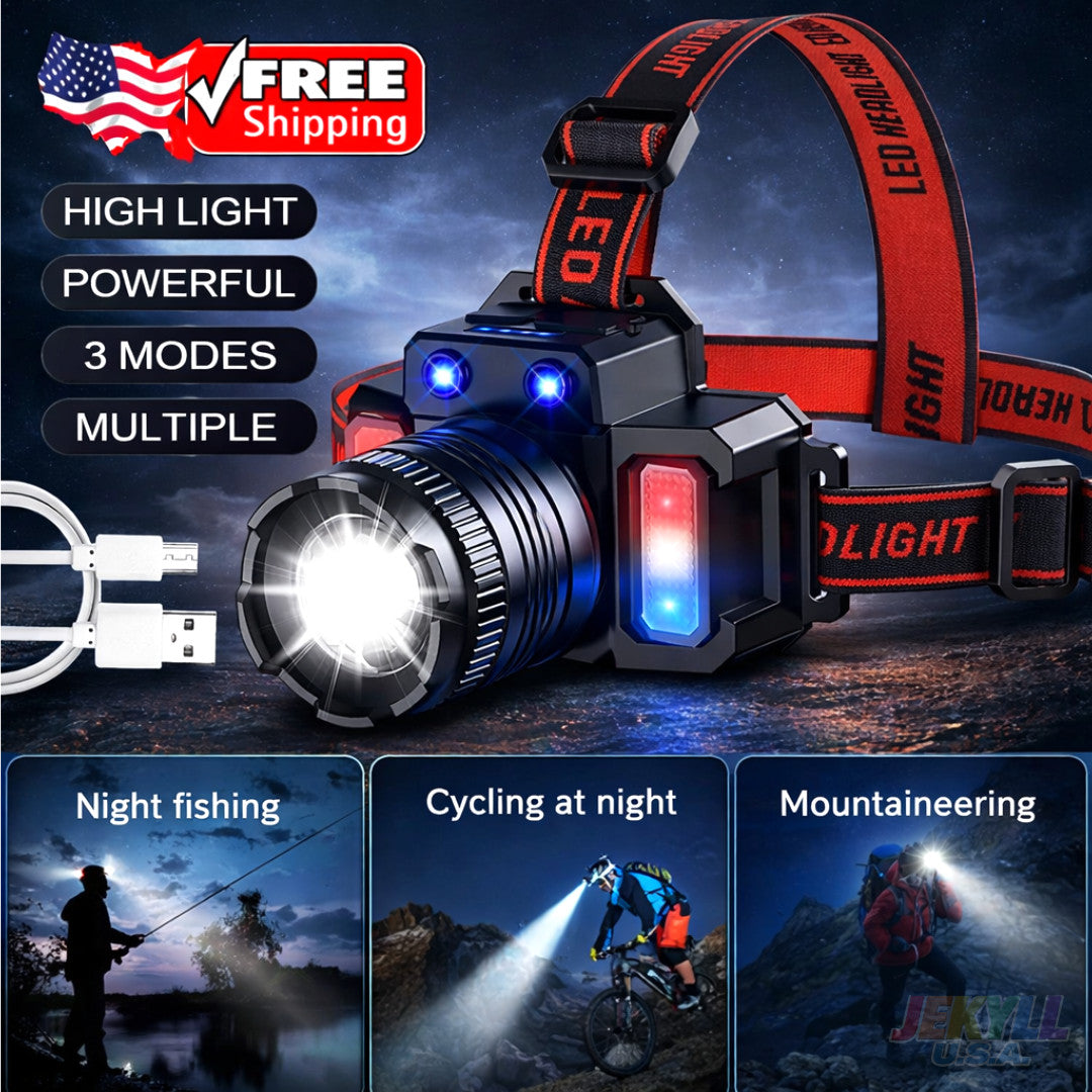 Rechargeable LED Headlamp with 5 Light Modes, Adjustable & Waterproof