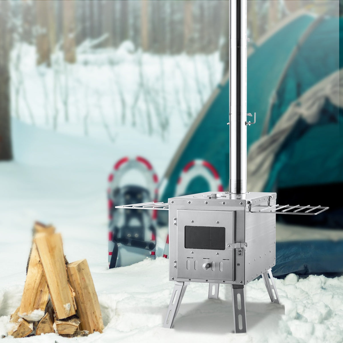 Portable Wood Stove for Camping Tent with Pipe - Stainless Steel