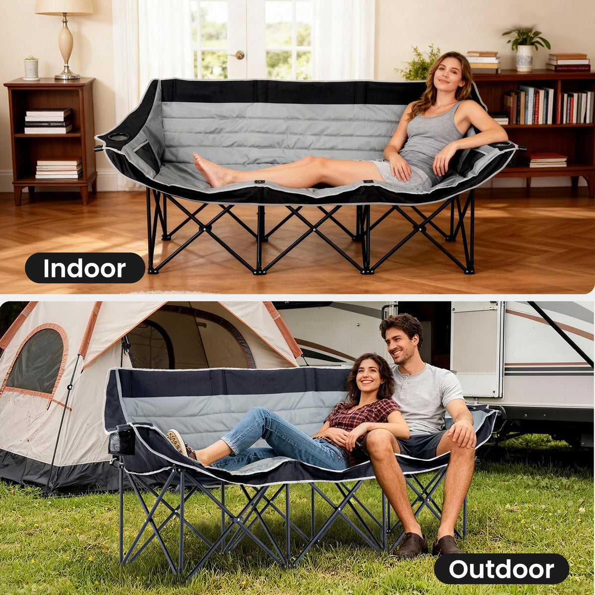 Oversized 3-Person Camping Chair with Cup Holders and Side Pockets