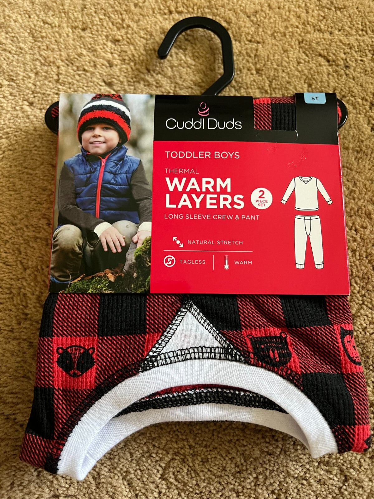 Cuddl Duds Boys Plaid Baselayer Top and Bottom Set, Size 5T