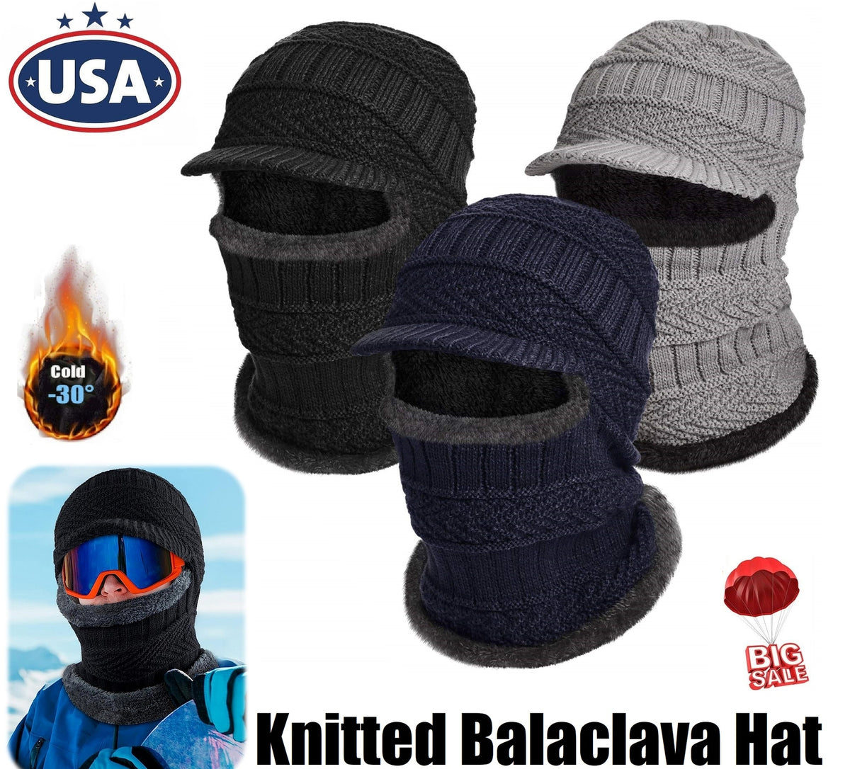 Winter Knitted Face Mask & Hat Set for Cycling Ski Warmth Men Women
