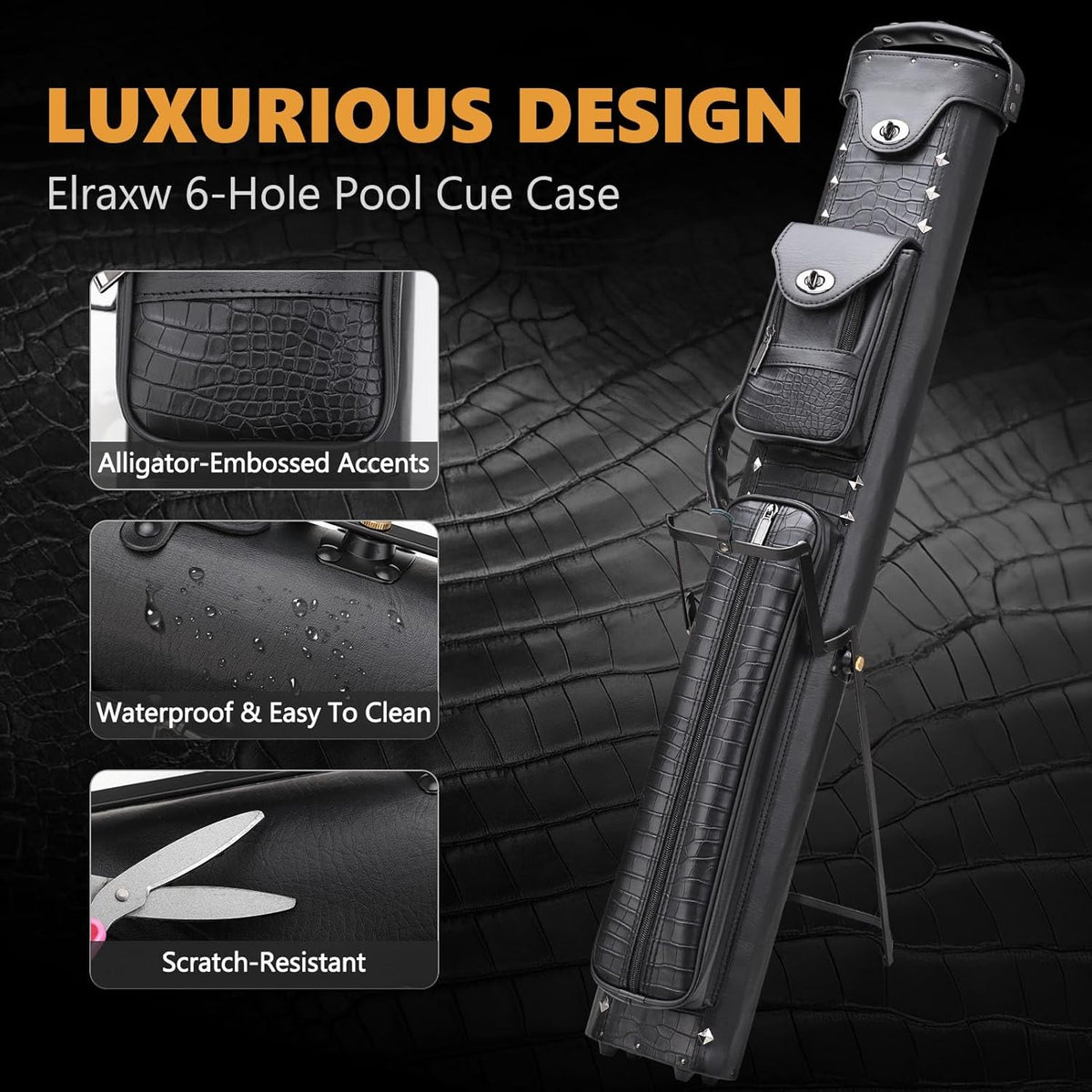 2x4 Pool Cue Case Hard Faux Leather with Stand Holds 2 Butts & 4 Shafts Deluxe