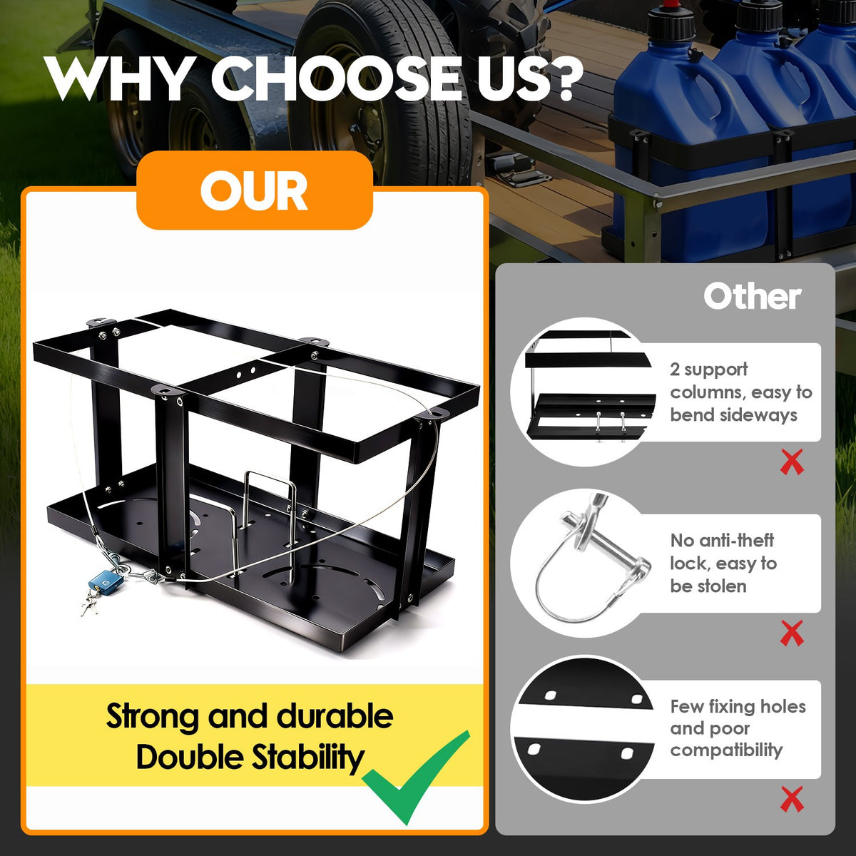 Fuel Jug Holder for Trailer - Holds Two 5-5.5 Gallon Gas Cans with Locking Strap