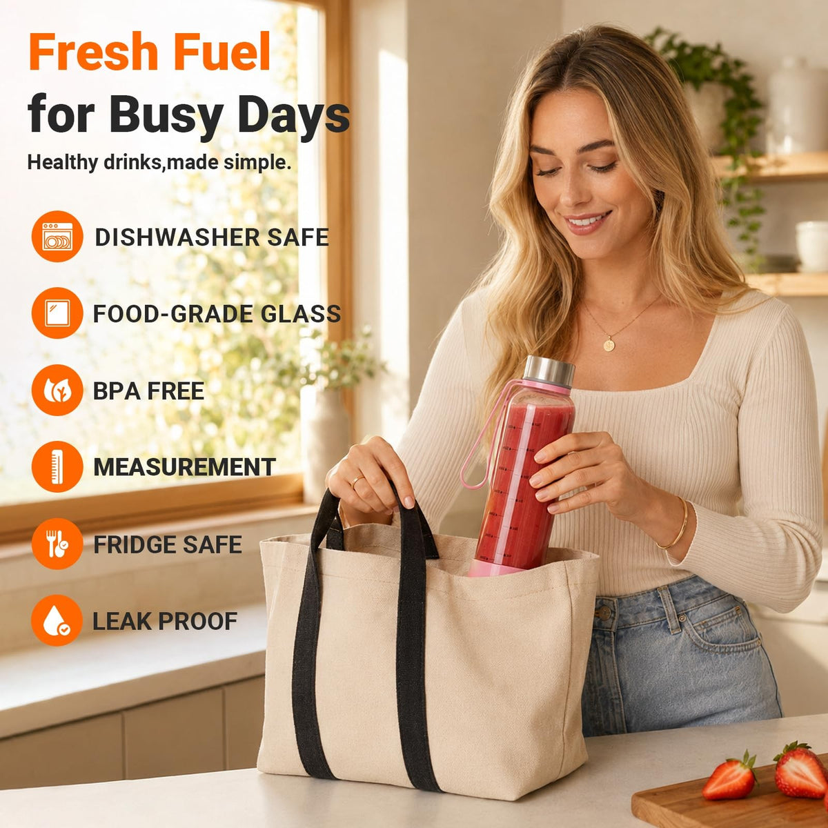 Glass Water Bottles 18 oz Pack of 6 with Leak-Proof Stainless Steel Lids