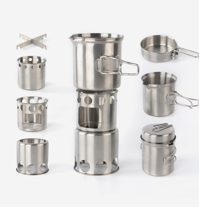 Stainless Steel Camping Cookware Set with Wood Stove for Hiking & Backpacking