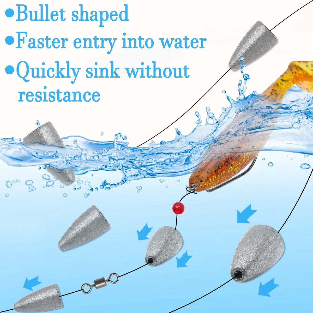 50PCS Bullet Fishing Sinkers Weights for Bass Worm Fishing - Multiple Sizes