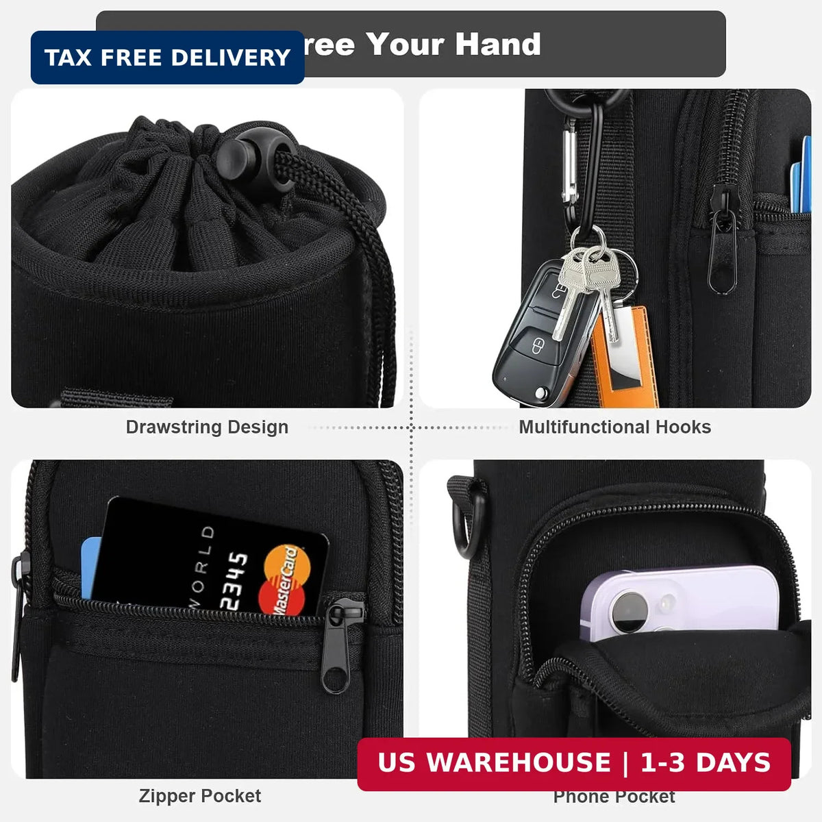 Insulated Water Bottle Holder with Phone Pocket and Adjustable Strap