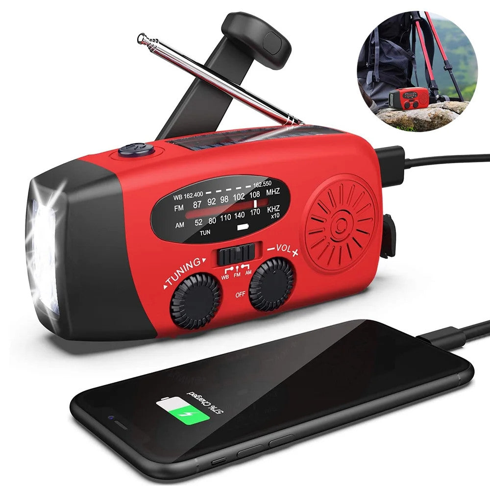Emergency Weather Radio with Solar Crank Power Bank & LED Flashlight