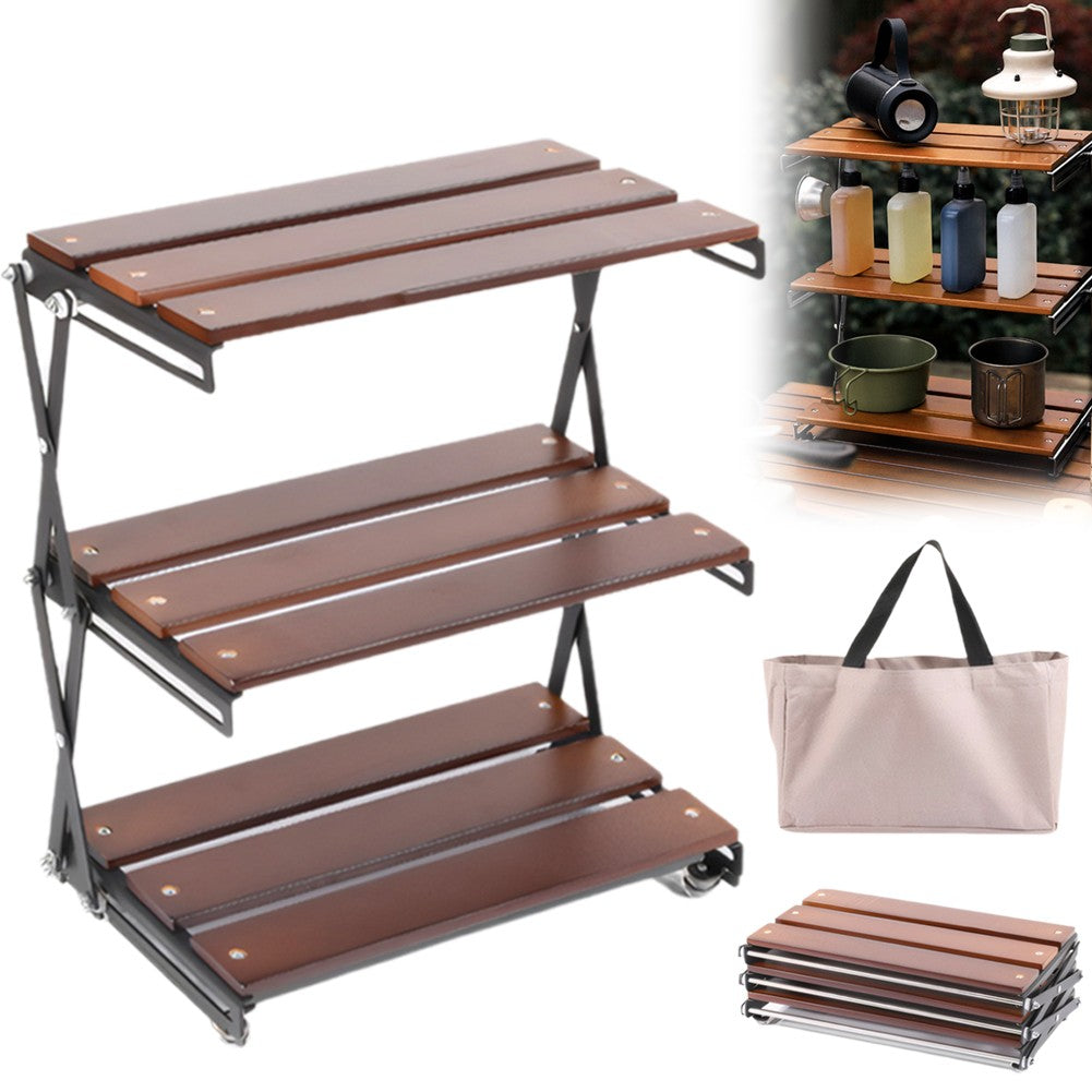 3-Tier Portable Camping Storage Rack Foldable Wooden Countertop Organizer
