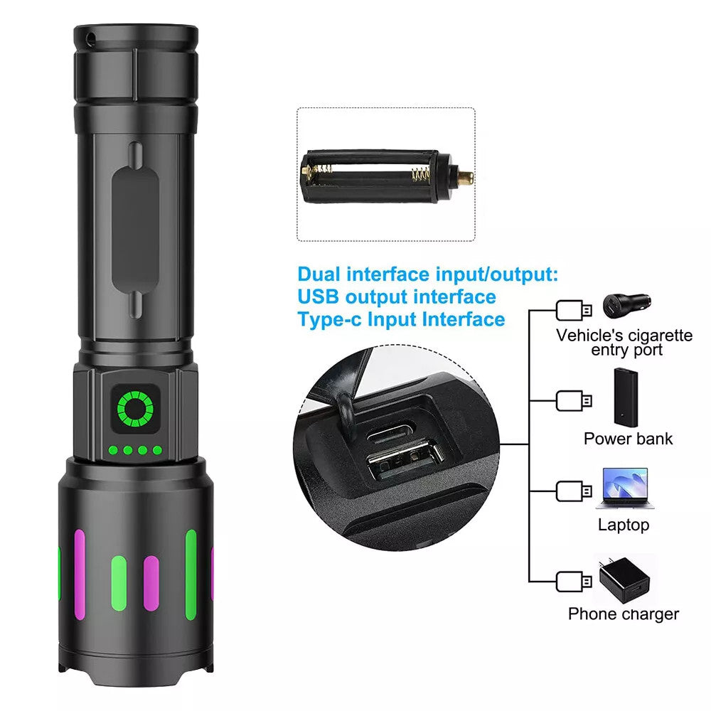 Super Bright 90000LM LED Tactical Flashlight with Rechargeable Battery - Waterproof, Zoomable, Hunting & Search Light