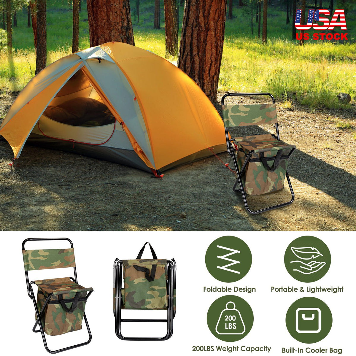 Portable Camping Chair with Cooler Bag and Backrest - Foldable Outdoor Stool