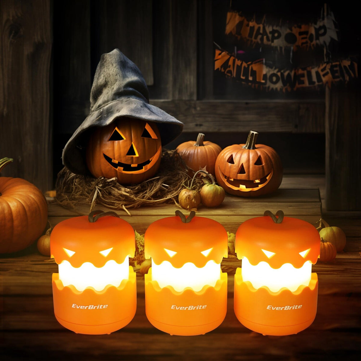Halloween Pumpkin Lantern 3-Pack Collapsible Light with Lanyard for Decorations