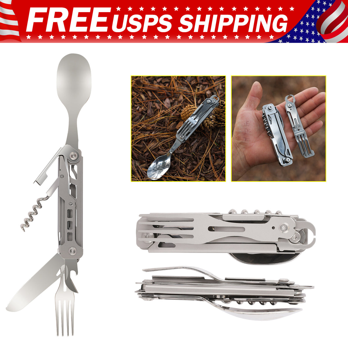 Portable 5-in-1 Camping Utensil Set Stainless Steel Foldable Flatware Kit