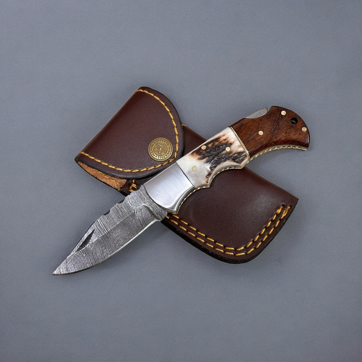Personalized Damascus Folding Knife with Stag Antler and Rosewood Handle - Custom Engraving Gift