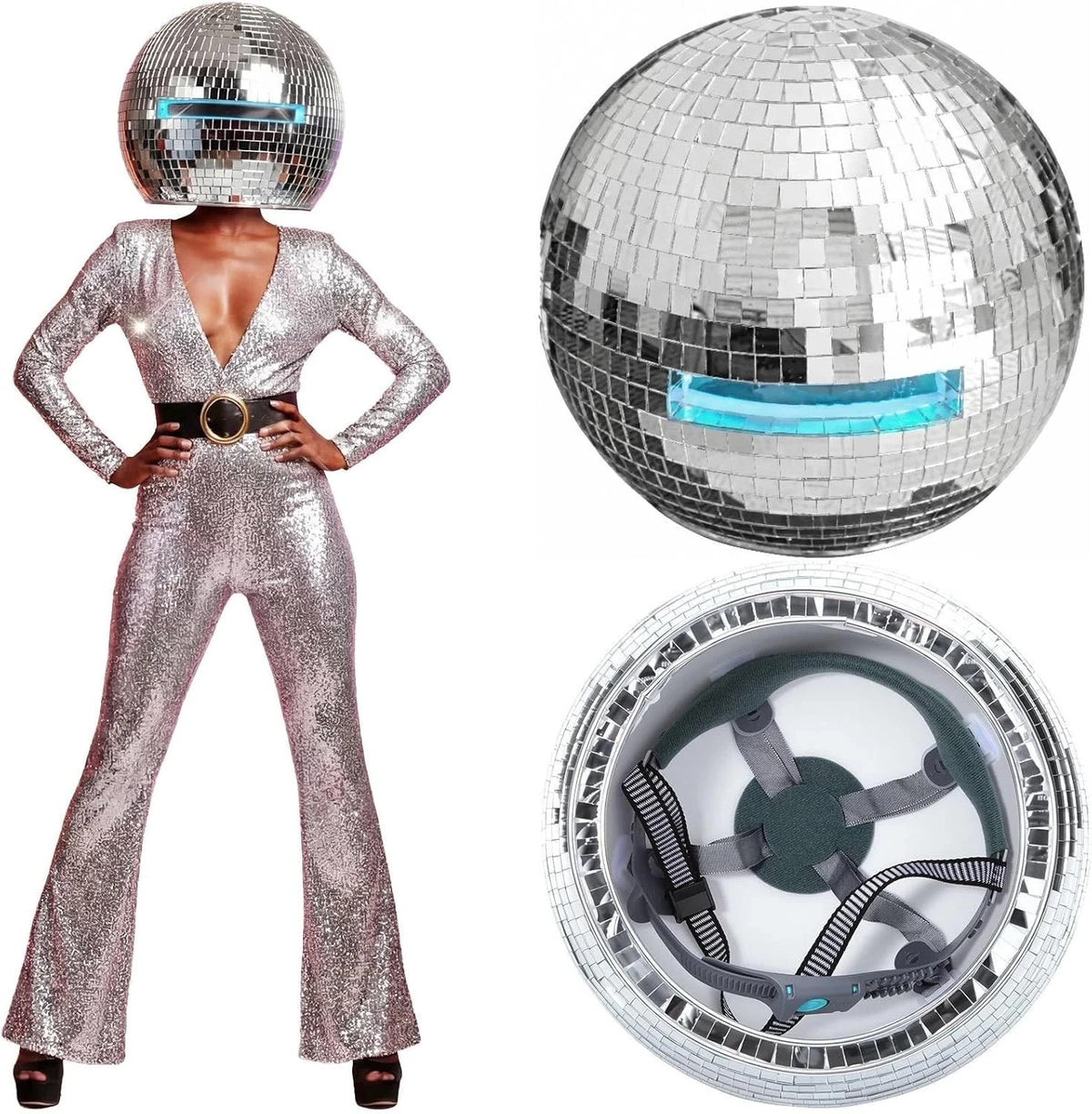 Adult Disco Ball Helmet Glitter Mirror Costume Hat for Parties and Stage