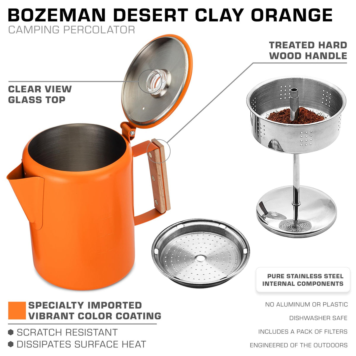 Percolator Coffee Pot 9 Cup Stovetop Camping Coffee Maker Stainless Steel Orange