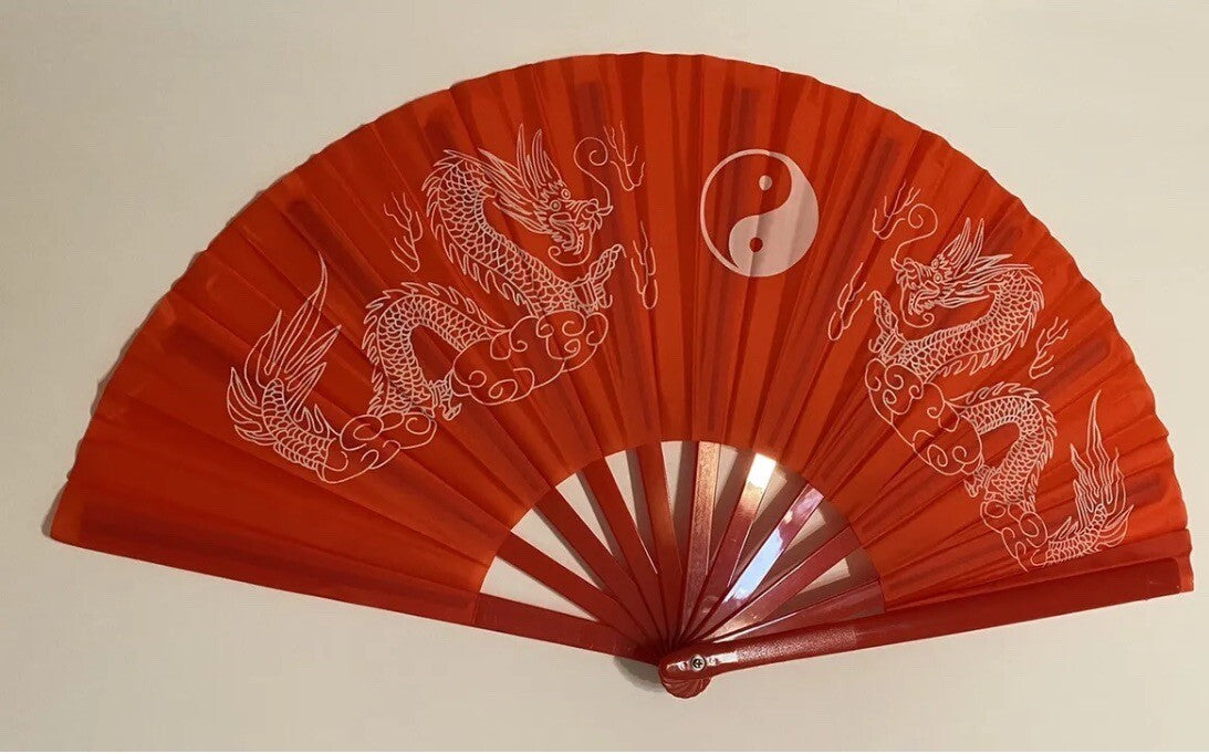 Red Plastic Kung Fu Tai Chi Training Fan - Dragon & Phoenix Design