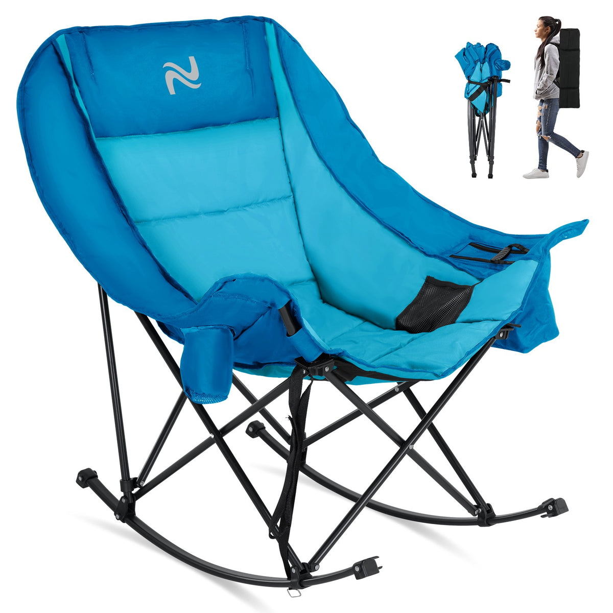 Oversized Folding Rocking Camping Chair with Cooler Bag and Side Pocket