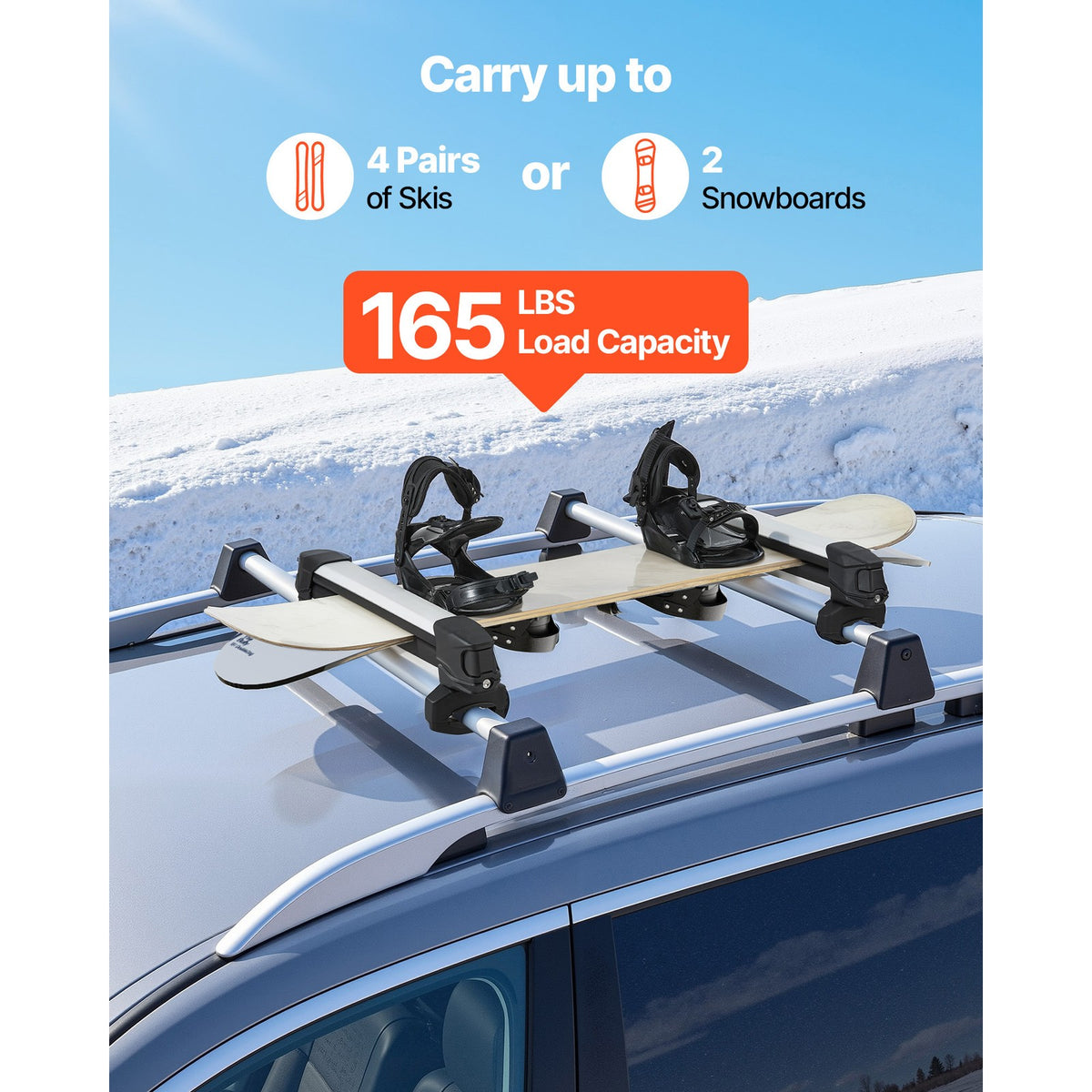 Ski & Snowboard Roof Rack for 4 Skis or 2 Snowboards - Durable Aluminum