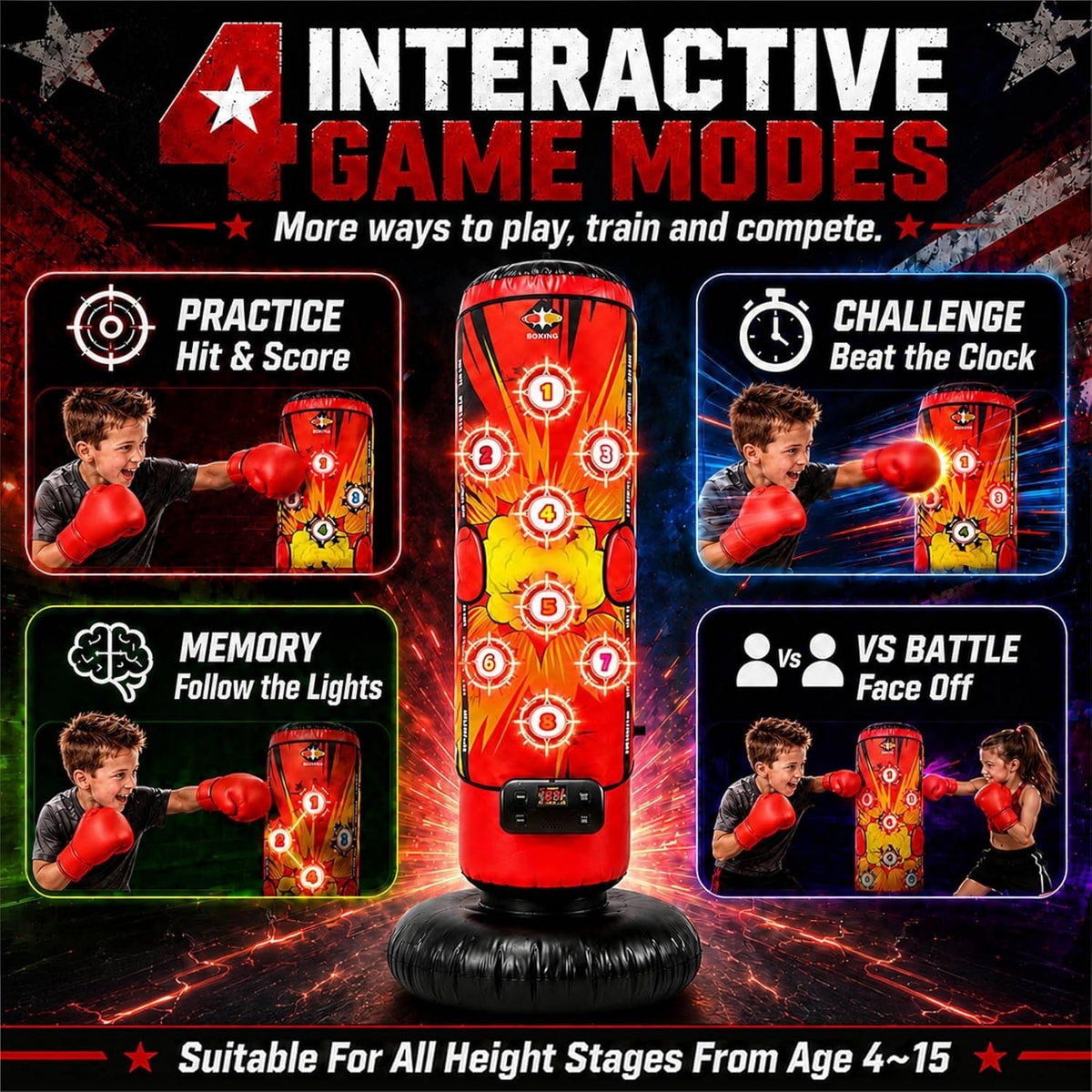Kids Inflatable Punching Bag Set with LED Targets, Gloves, Mat & Pump