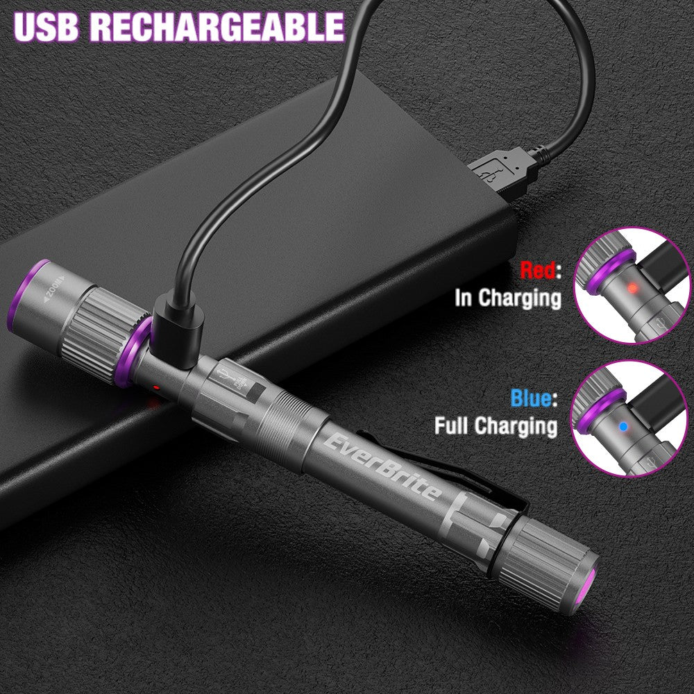 Rechargeable LED Pen Flashlight with UV Black Light 395nm Compact Portable