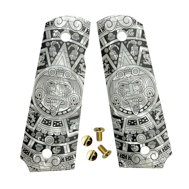 1911 Full Size Gun Grips with Pearl Engraved Aztec Pattern | Custom Fit