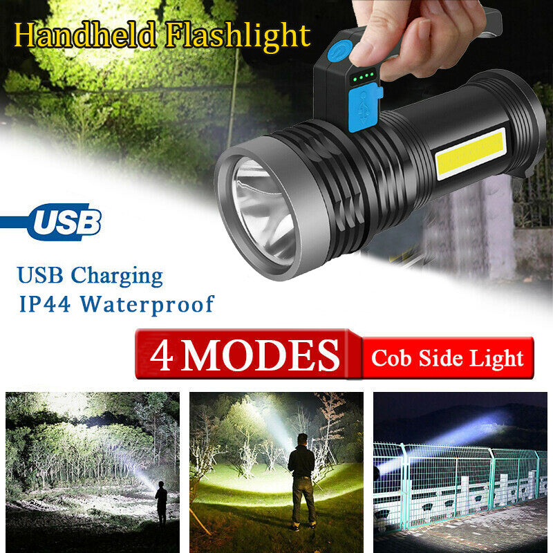High Power LED Flashlight with Side Light, Rechargeable Waterproof Torch