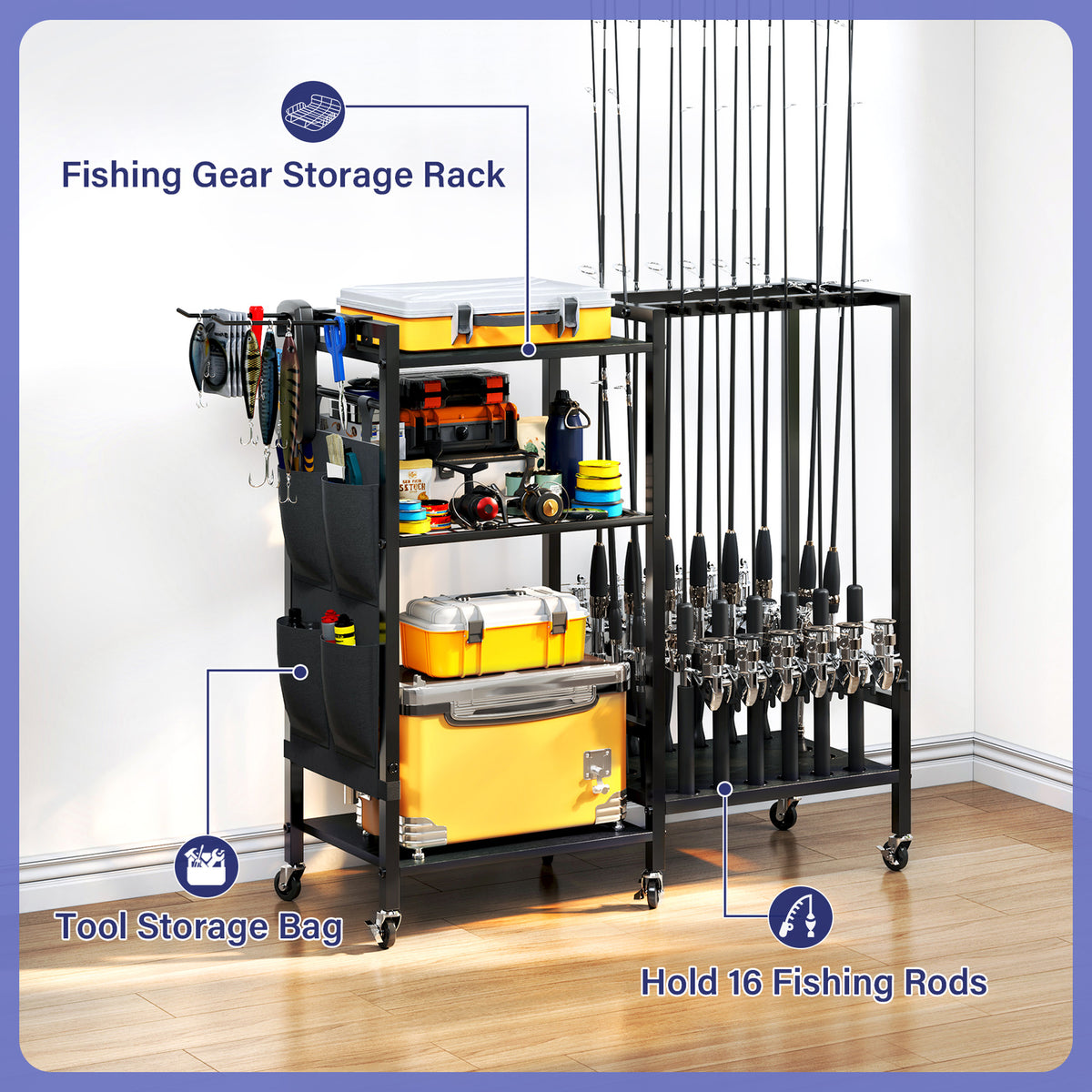 16-Rod Fishing Rod Holder Rack with Tackle Storage and Wheels
