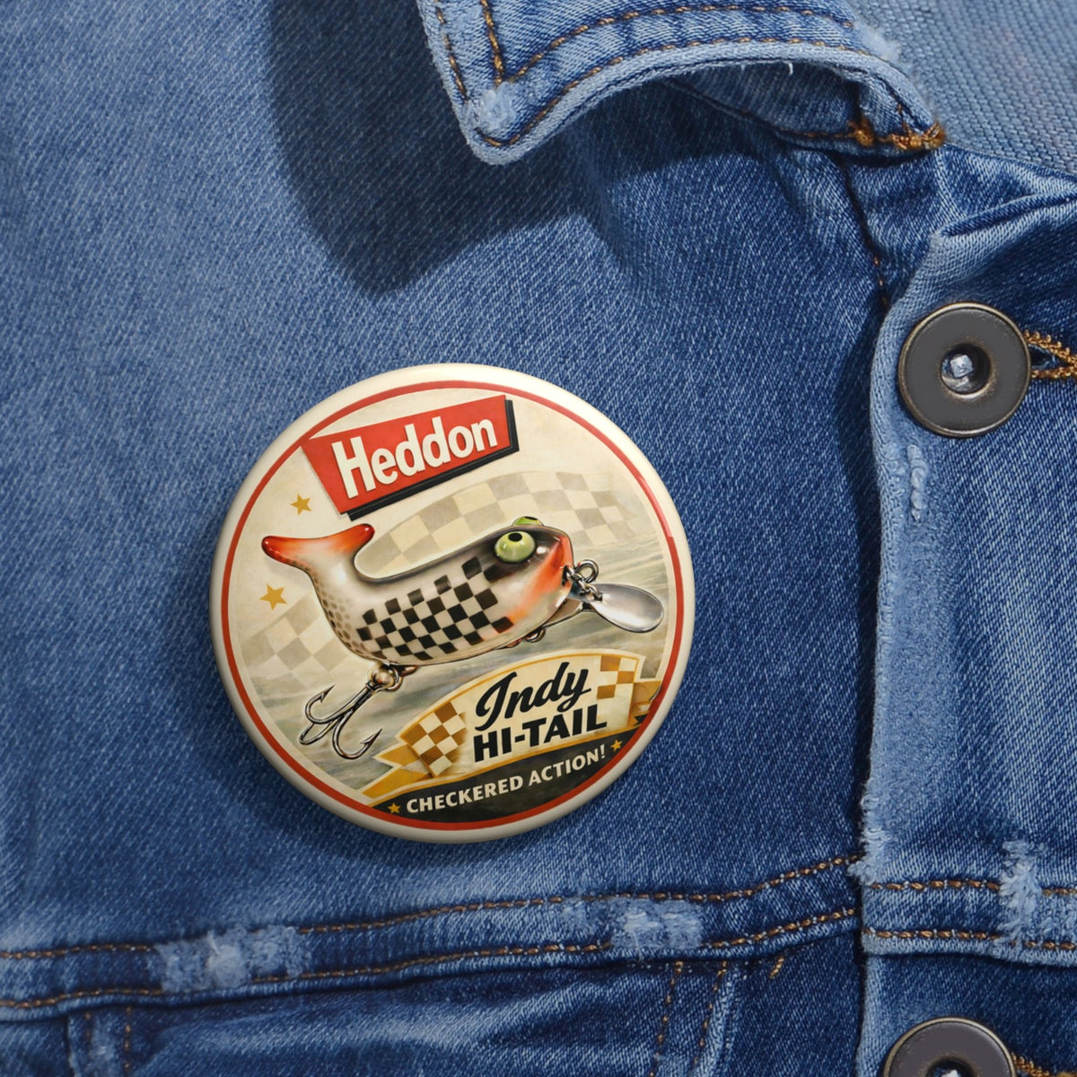 Fishing Lure Pinback Button Checkered Flag Vintage Style Badge
