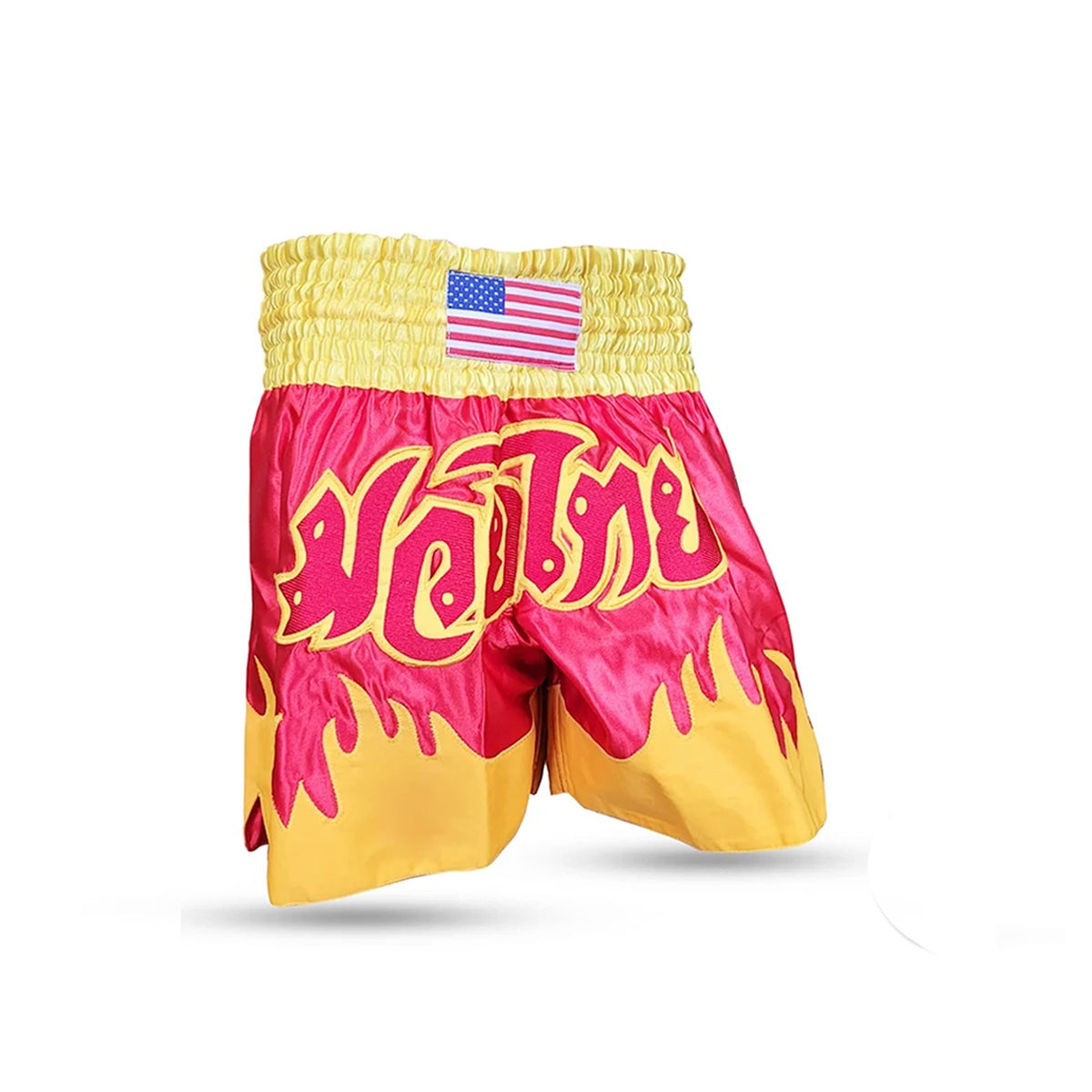 Men's Satin Muay Thai Boxing Shorts - Red & Yellow Fight Shorts for MMA Kickboxing