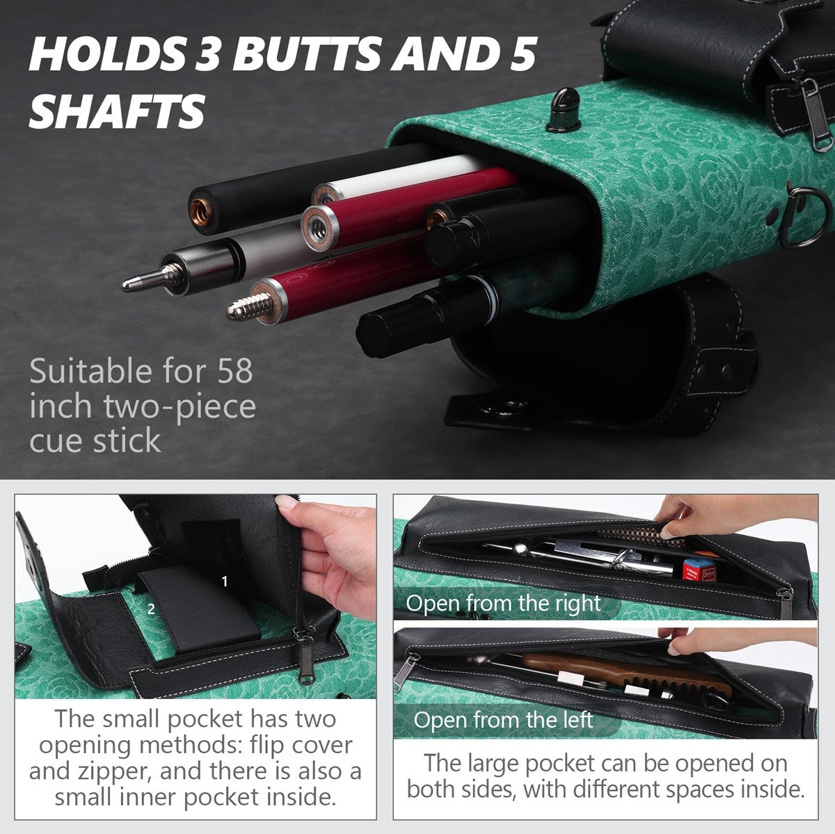 3x5 Hard Shell PU Leather Pool Cue Case Holds 3 Butts & 5 Shafts with Shoulder Strap