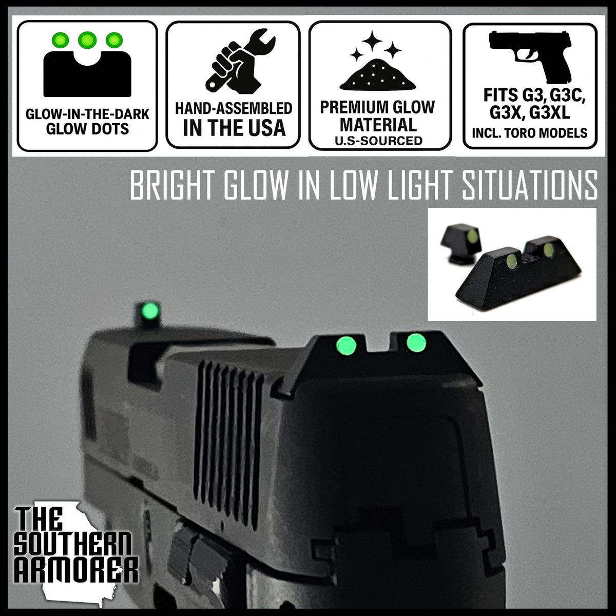 Glow-In-Dark Night Sights for Taurus G3 G3C G3X G3XL Toro Dovetail Front & Rear Set