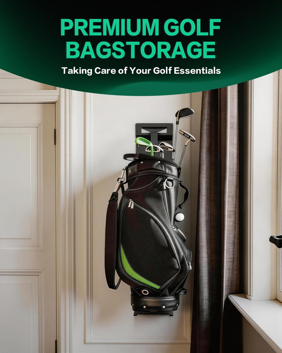 Wall Mount Golf Bag Storage Holder for Garage - Heavy Duty Carbon Steel, Adjustable, Space Saving