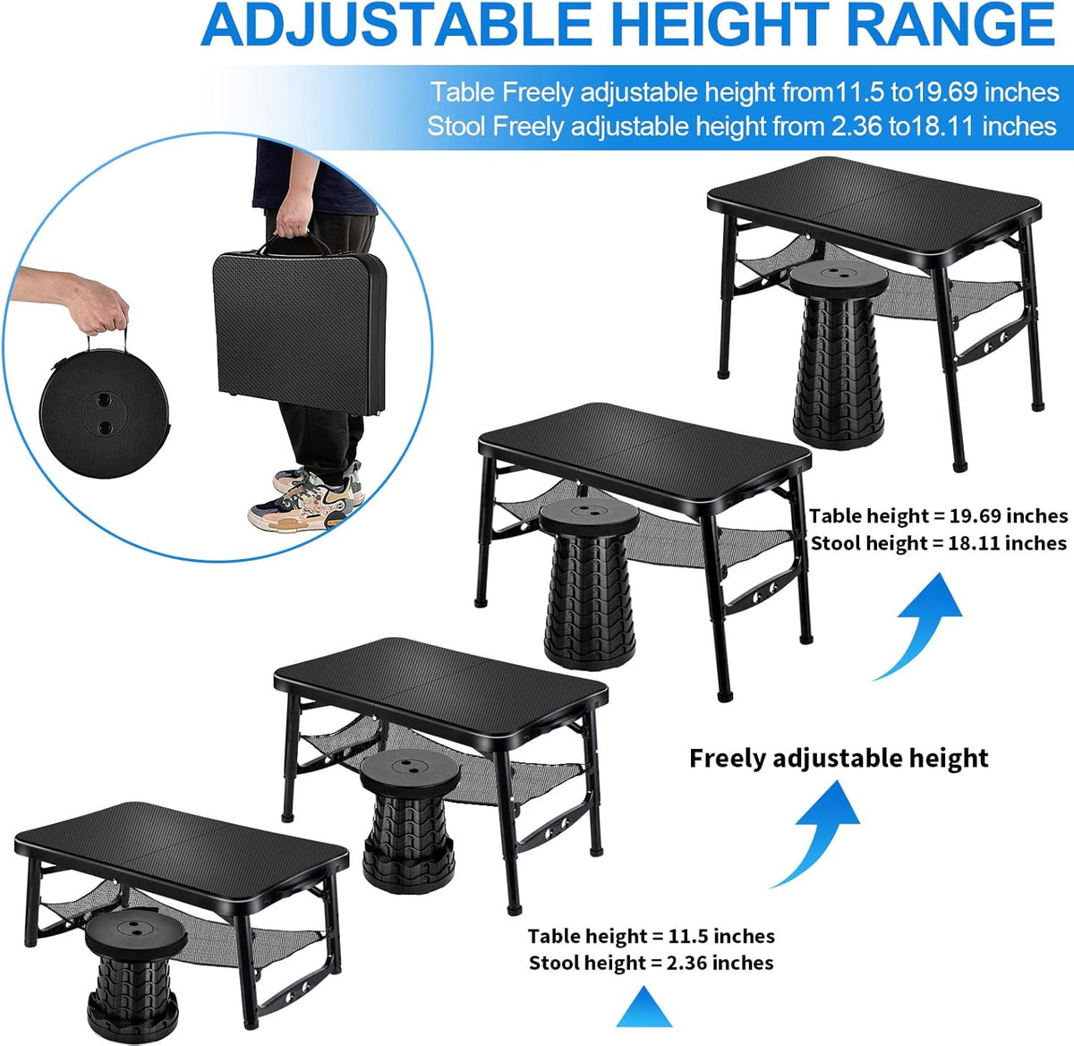 Portable Folding Camping Table and Stool Set - Adjustable Height Lightweight Black