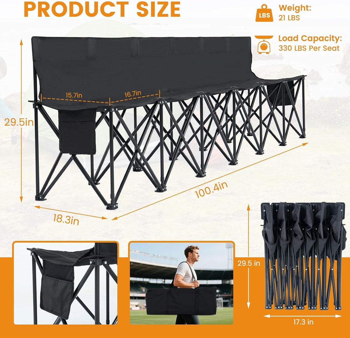 6 Seat Folding Sports Bench with Backrest & Storage for Stadium & Camping