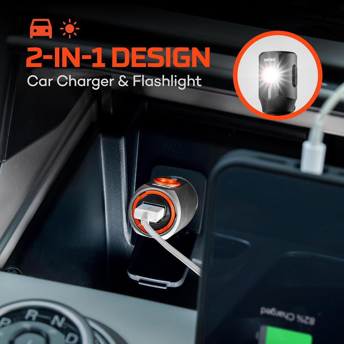 2-in-1 Car Charger and Flashlight with 400 Lumens, 6 Light Modes, Emergency Glass Breaker