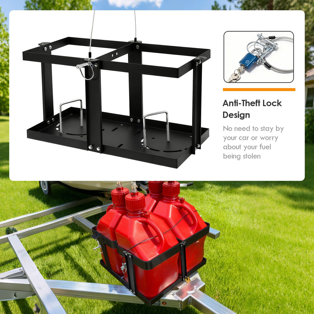 Fuel Jug Holder for Trailer - Holds Two 5-5.5 Gallon Gas Cans with Locking Strap