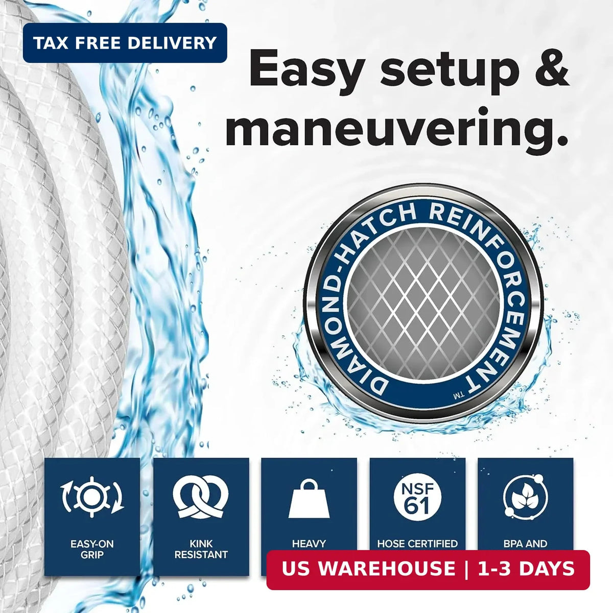 50 Ft RV Drinking Water Hose - Lead-Free, BPA-Free, Reinforced PVC