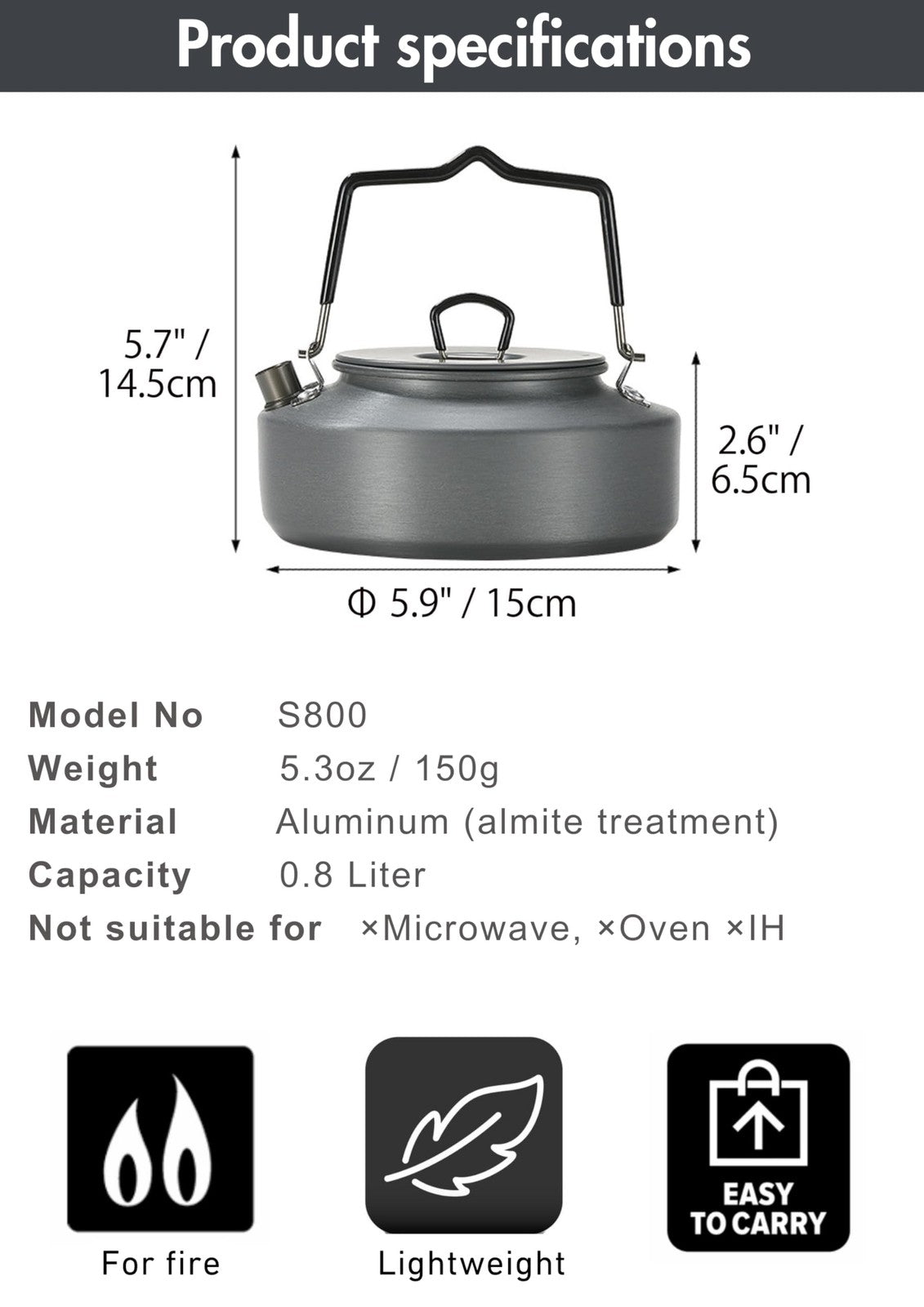 Portable 0.8L Camping Kettle for Coffee Tea - Lightweight Aluminum Design