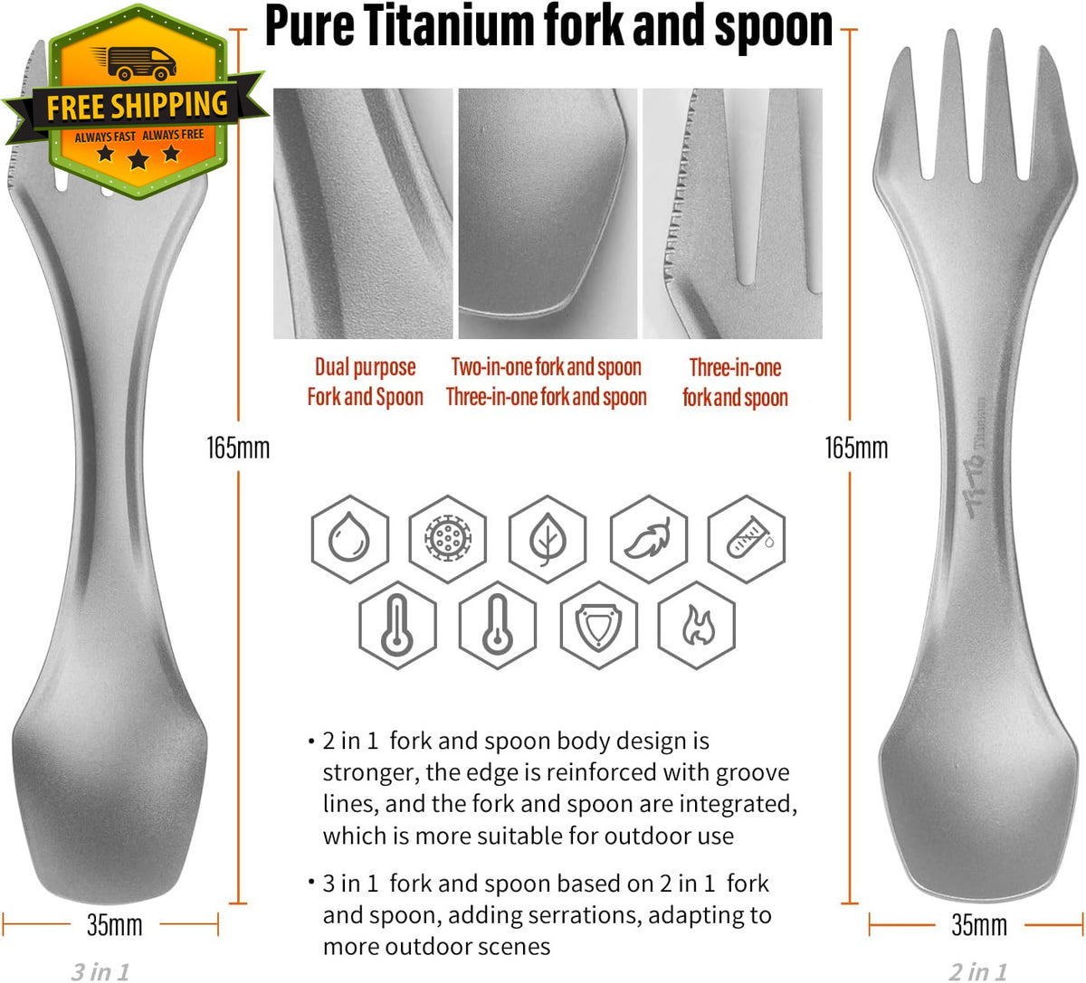 Titanium Camping Spork 3-in-1 Utensil Lightweight Eco-Friendly