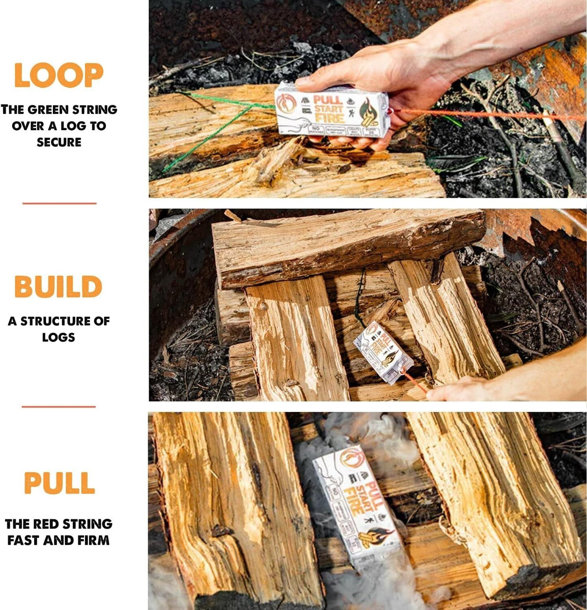 Pull Start Fire Starter Rope for Campfire & Survival Gear - 1 or 3 Pack