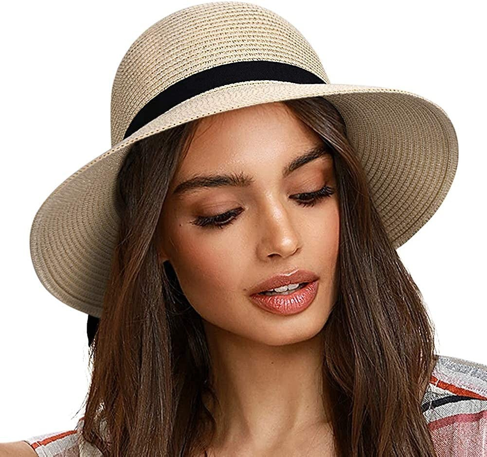 Ladies Fashion Sun Hat - White, Medium Wide Brim Summer Hat for Beach & Outdoor
