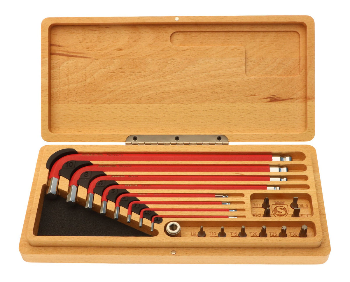 Bicycle Tool Kit with Hex Keys, Torx, and Bits - Wooden Storage Box