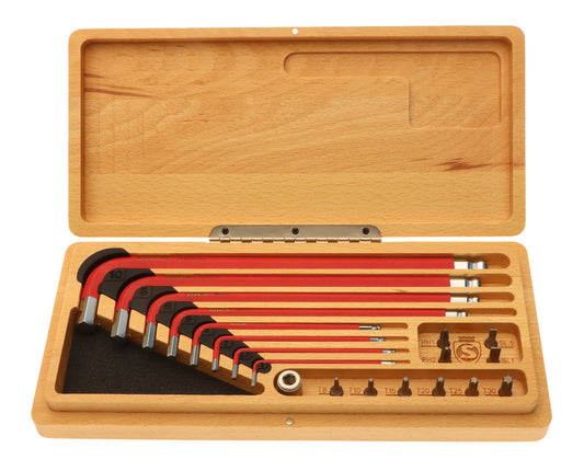 Bicycle Tool Kit with Hex Keys, Torx, and Bits - Wooden Storage Box