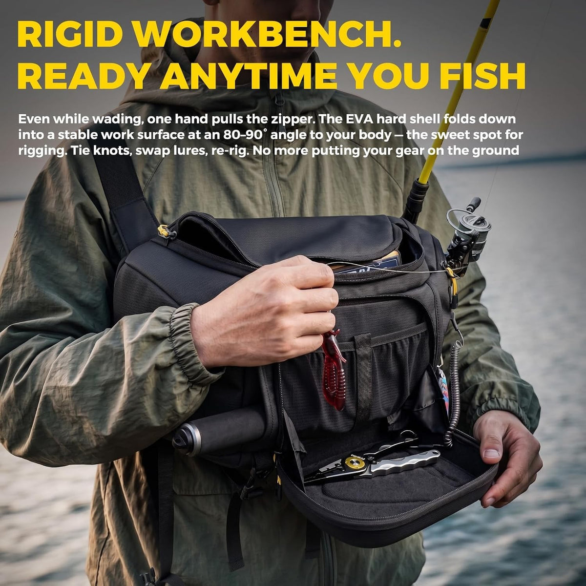 EVA Hardshell Fishing Sling Pack with Foldable Workstation - Water-Resistant Chest Bag