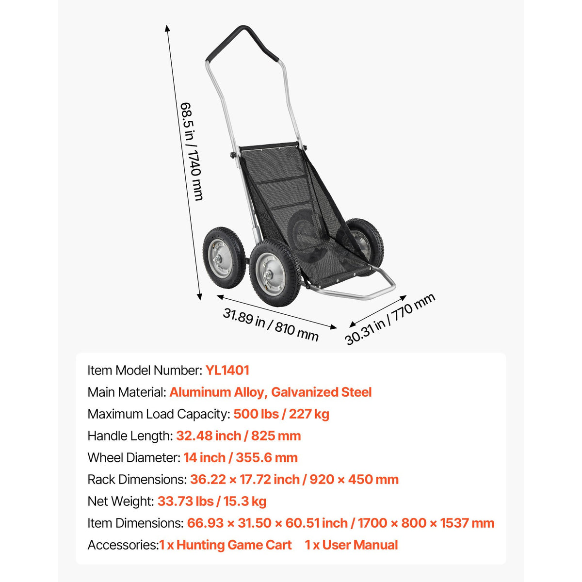 Folding Deer Game Cart with 4-Wheel Utility Dolly 500 LBS Capacity