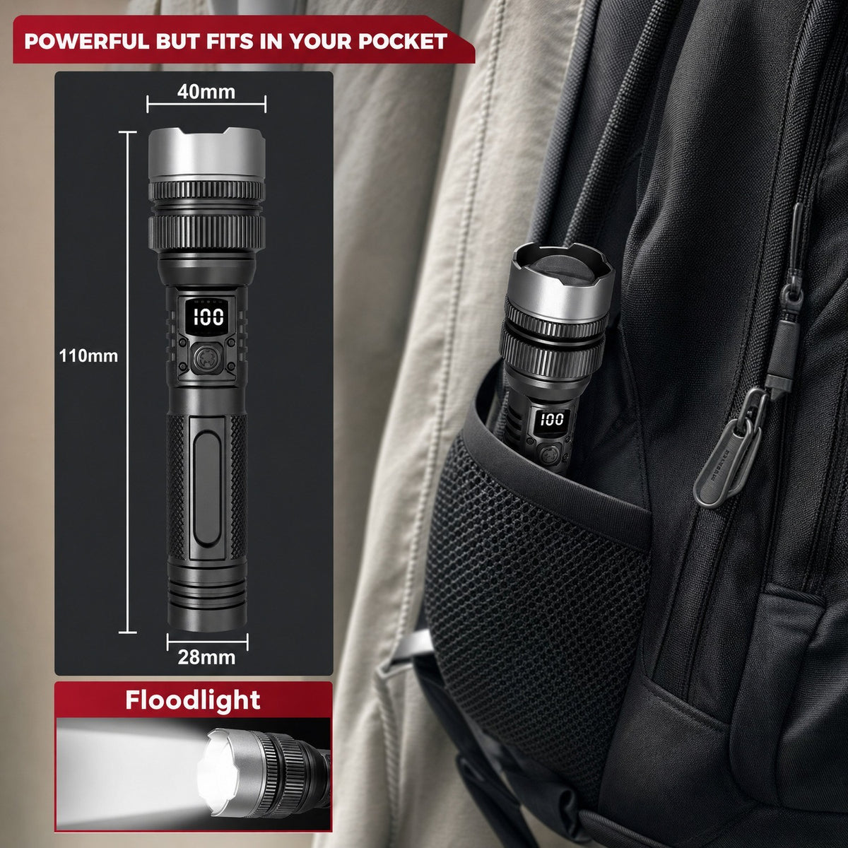 Super Bright Rechargeable LED Tactical Flashlight with Zoom Power Bank USB-C