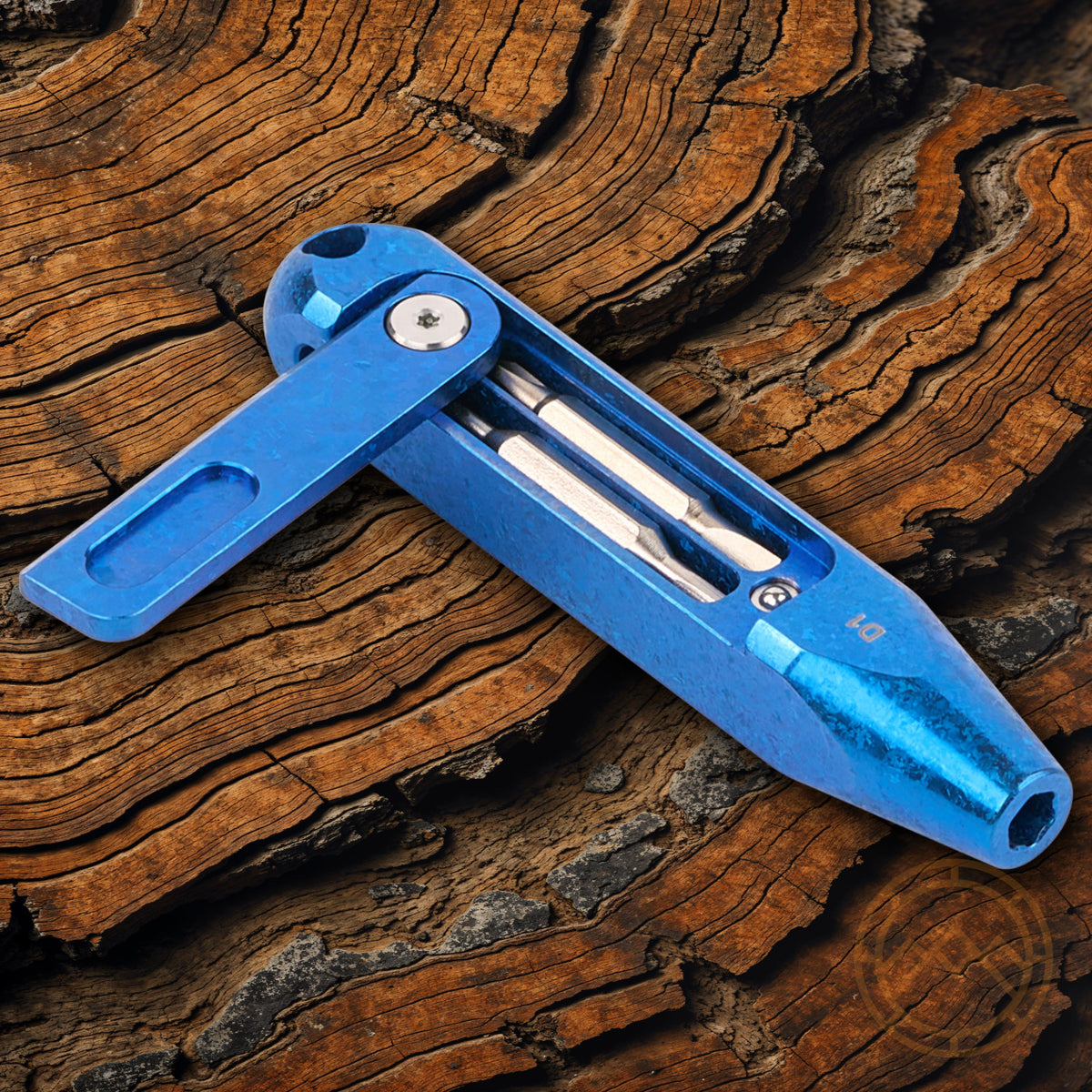 Titanium Snowflake Blue Handle Knife with Hidden Bit Storage