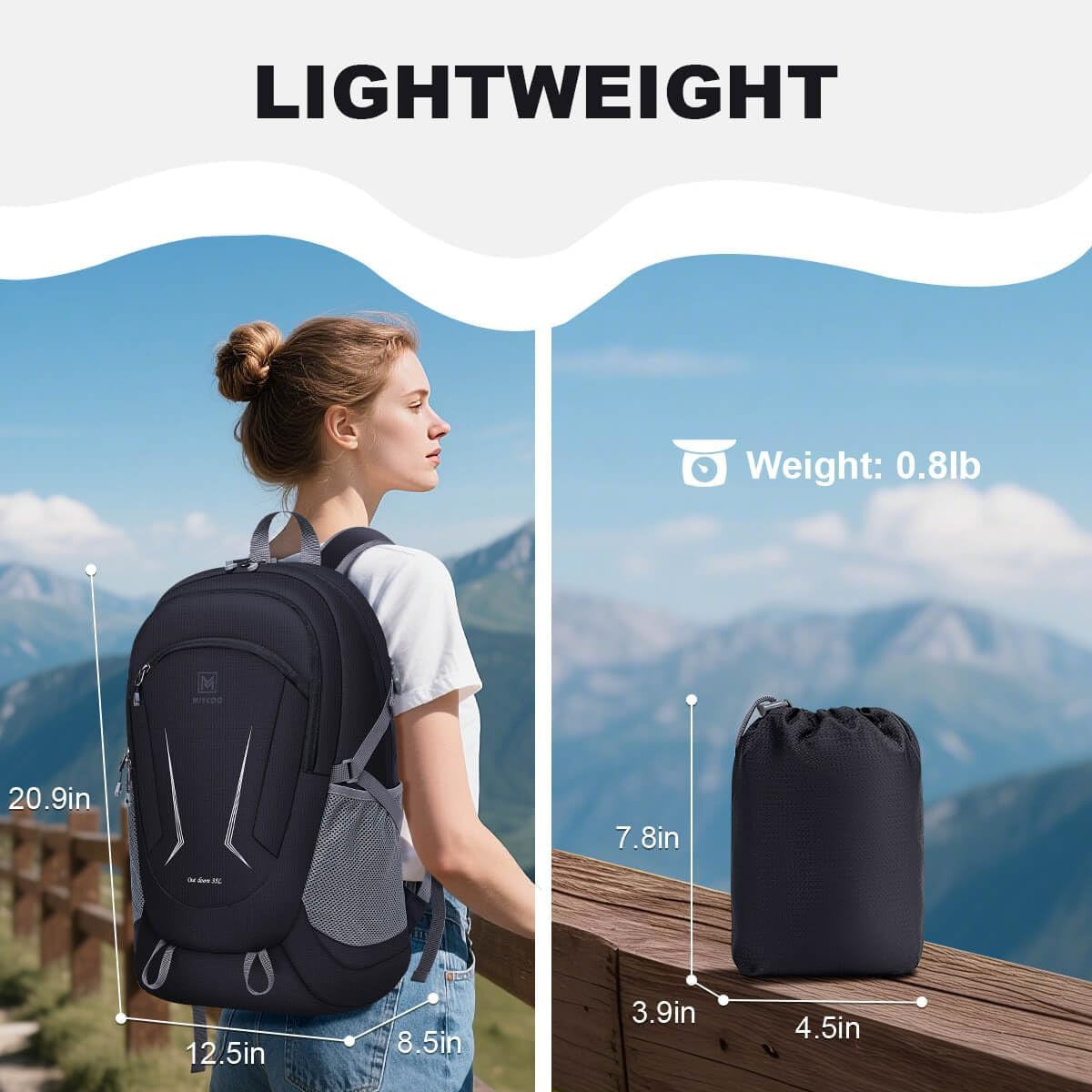 Ultralight Packable Hiking Backpack 35L Water-Resistant Daypack