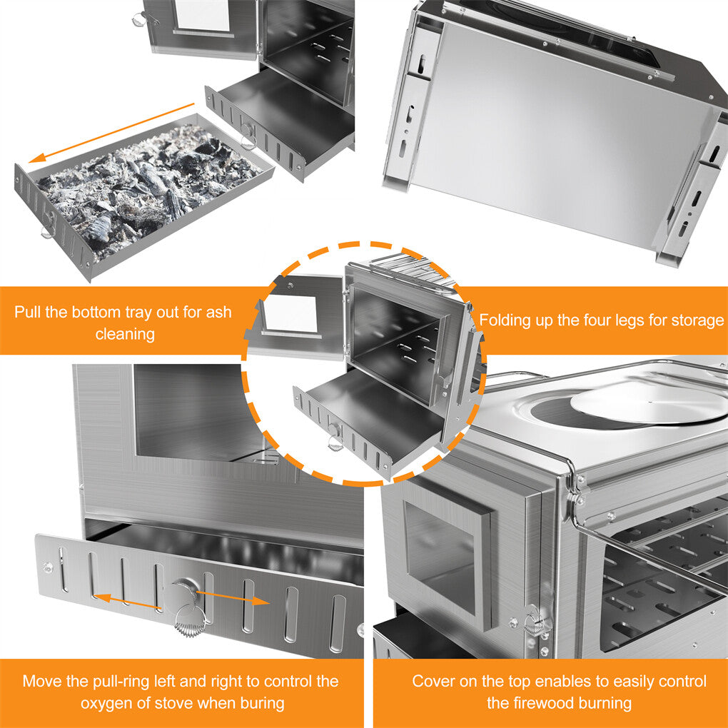 Stainless Steel Camping Tent Stove with Detachable Chimney and Cooking Function